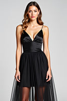 Load image into Gallery viewer, Tulle Long Ruched Spaghetti Straps Black Tie Dress