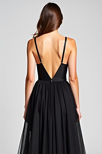 Tulle Long Ruched Spaghetti Straps Black Tie Dress