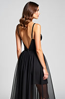 Load image into Gallery viewer, Tulle Long Ruched Spaghetti Straps Black Tie Dress