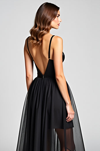 Tulle Long Ruched Spaghetti Straps Black Tie Dress