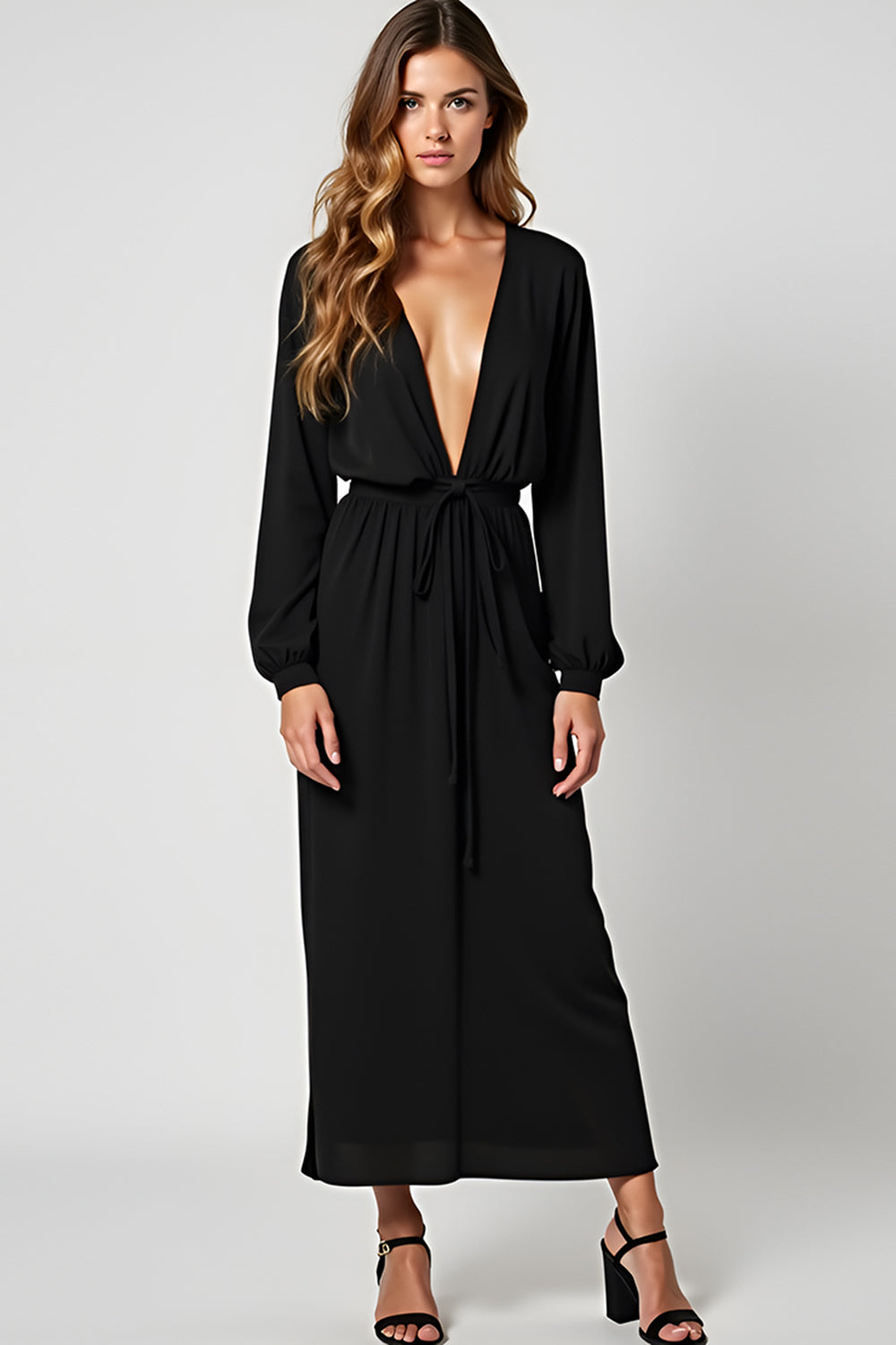 Sheath V-Neck Ruched Long Black Tie Dress