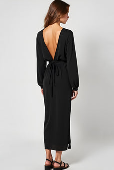 Sheath V-Neck Ruched Long Black Tie Dress