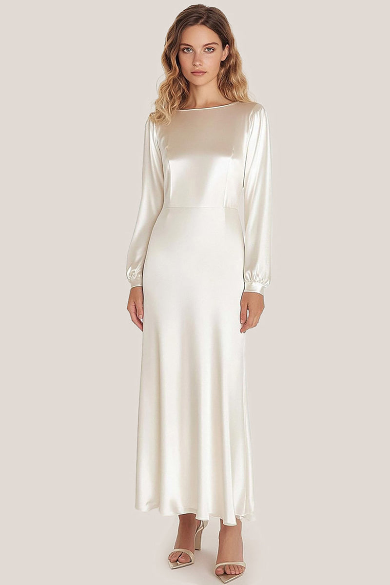 Load image into Gallery viewer, Ivory Satin Sheath Ankle Length Formal Dress with Long Sleeves