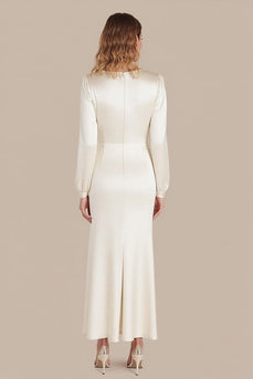 Ivory Satin Sheath Ankle Length Formal Dress with Long Sleeves