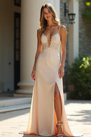 Load image into Gallery viewer, Sheath Champagne Stretch Satin Spaghetti Straps Long Prom Dress