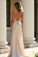 Load image into Gallery viewer, Sheath Champagne Stretch Satin Spaghetti Straps Long Prom Dress