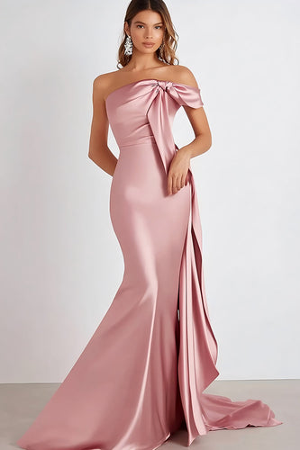 Sheath Pink Satin Pleated Strapless Formal Dress