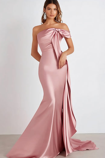 Sheath Pink Satin Pleated Strapless Formal Dress