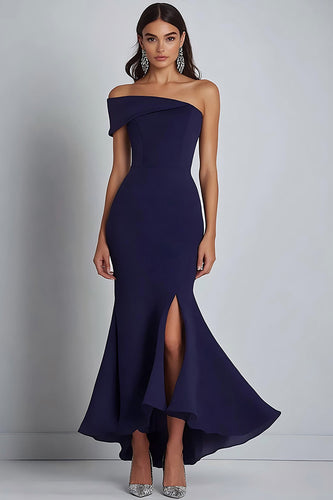 Mermaid Navy One Shoulder Formal Dress with Slit