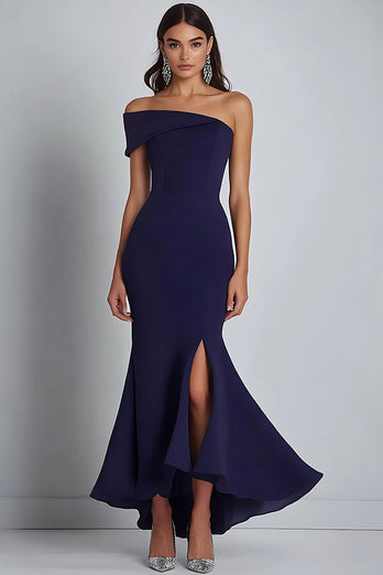 Mermaid Navy One Shoulder Formal Dress with Slit