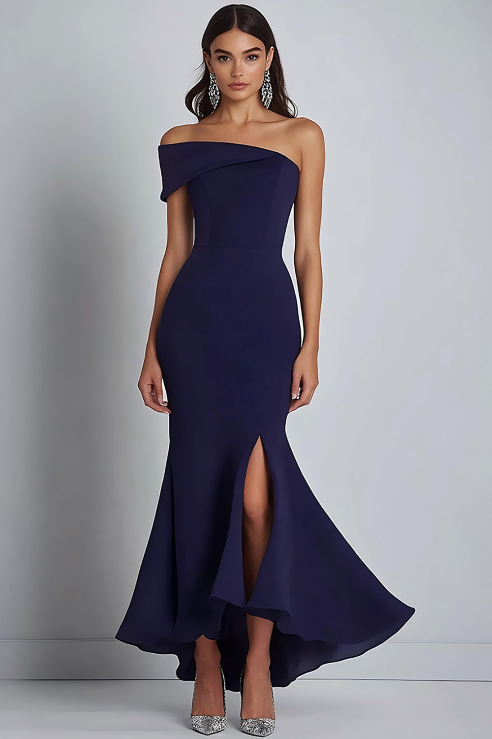 Mermaid Navy One Shoulder Formal Dress with Slit