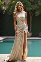 Load image into Gallery viewer, Sheath Champagne One Shoulder Ruched Long Formal Dress