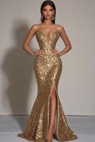 Load image into Gallery viewer, Sparkly Gold Sequins Strapless Mermaid Formal Dress with Slit