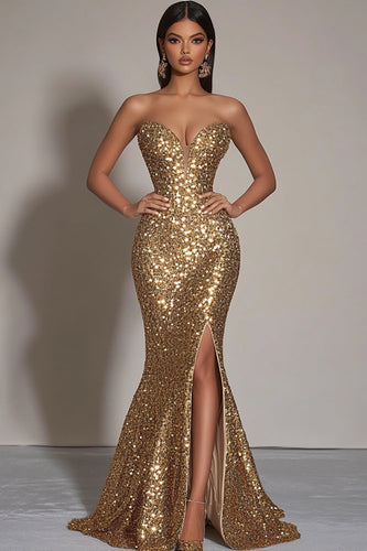 Sparkly Gold Sequins Strapless Mermaid Formal Dress with Slit