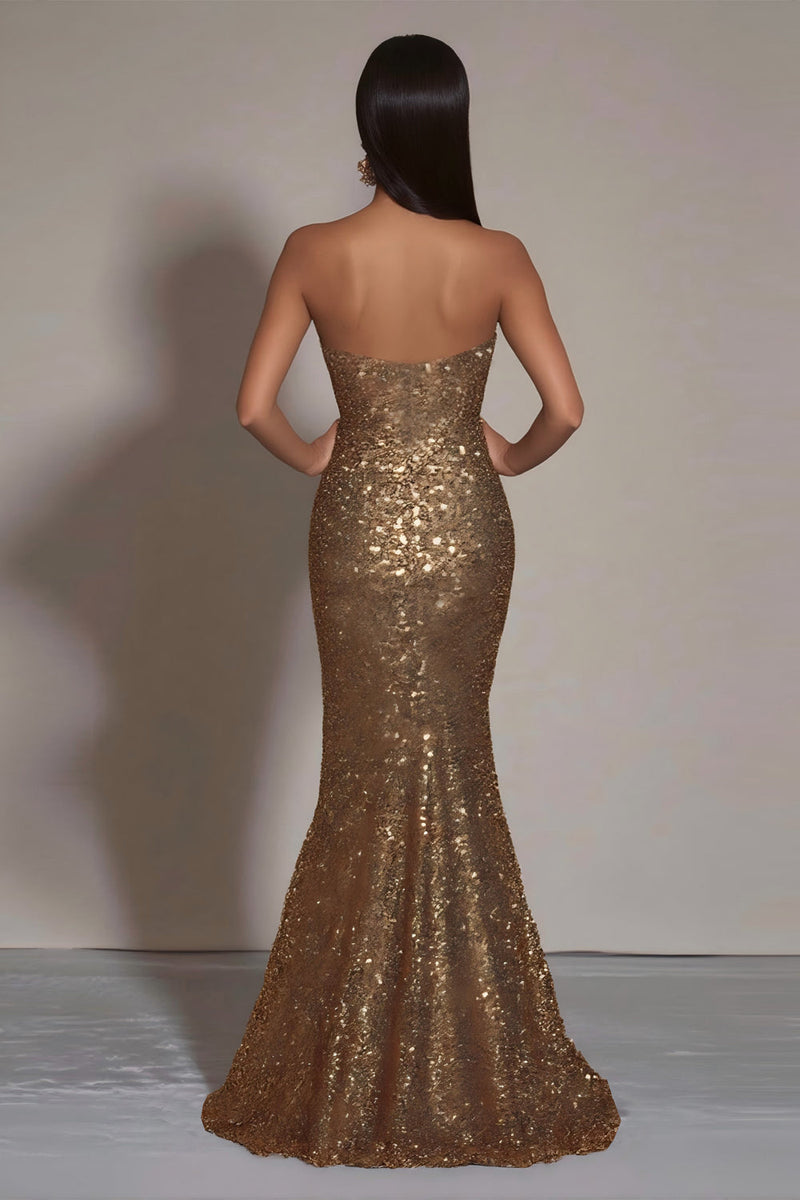 Load image into Gallery viewer, Sparkly Gold Sequins Strapless Mermaid Formal Dress with Slit
