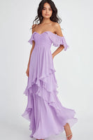 Load image into Gallery viewer, Ruffled Pleated Lilac Off the Shoulder A Line Formal Dress