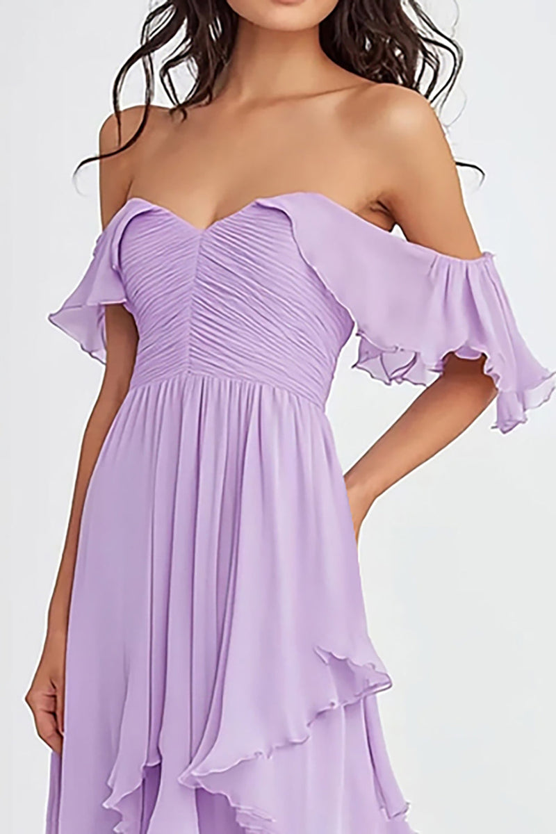 Load image into Gallery viewer, Ruffled Pleated Lilac Off the Shoulder A Line Formal Dress