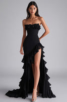 Load image into Gallery viewer, Black Mermaid Strapless Ruffled Formal Dress With Slit