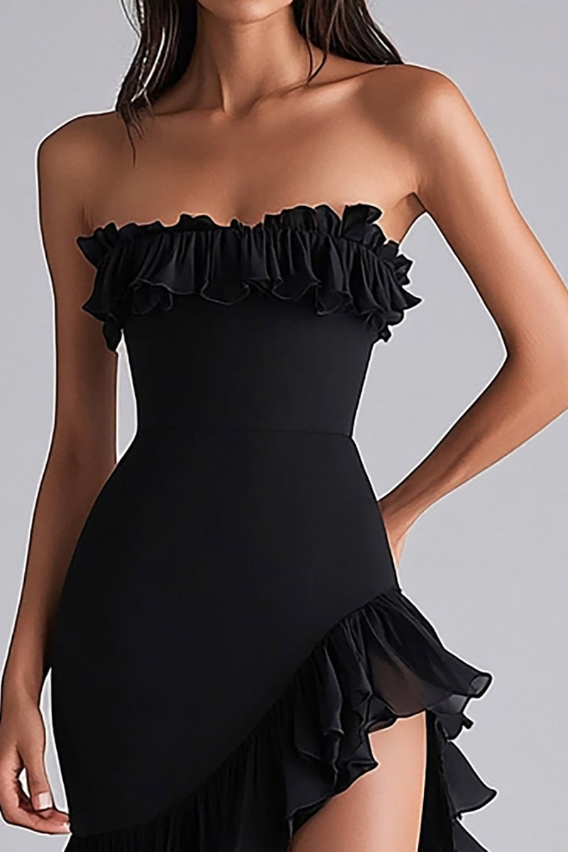 Load image into Gallery viewer, Black Mermaid Strapless Ruffled Formal Dress With Slit