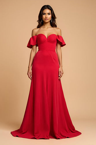 Elegant A Line Off The Shoulder Red Formal Dress With Ruffles