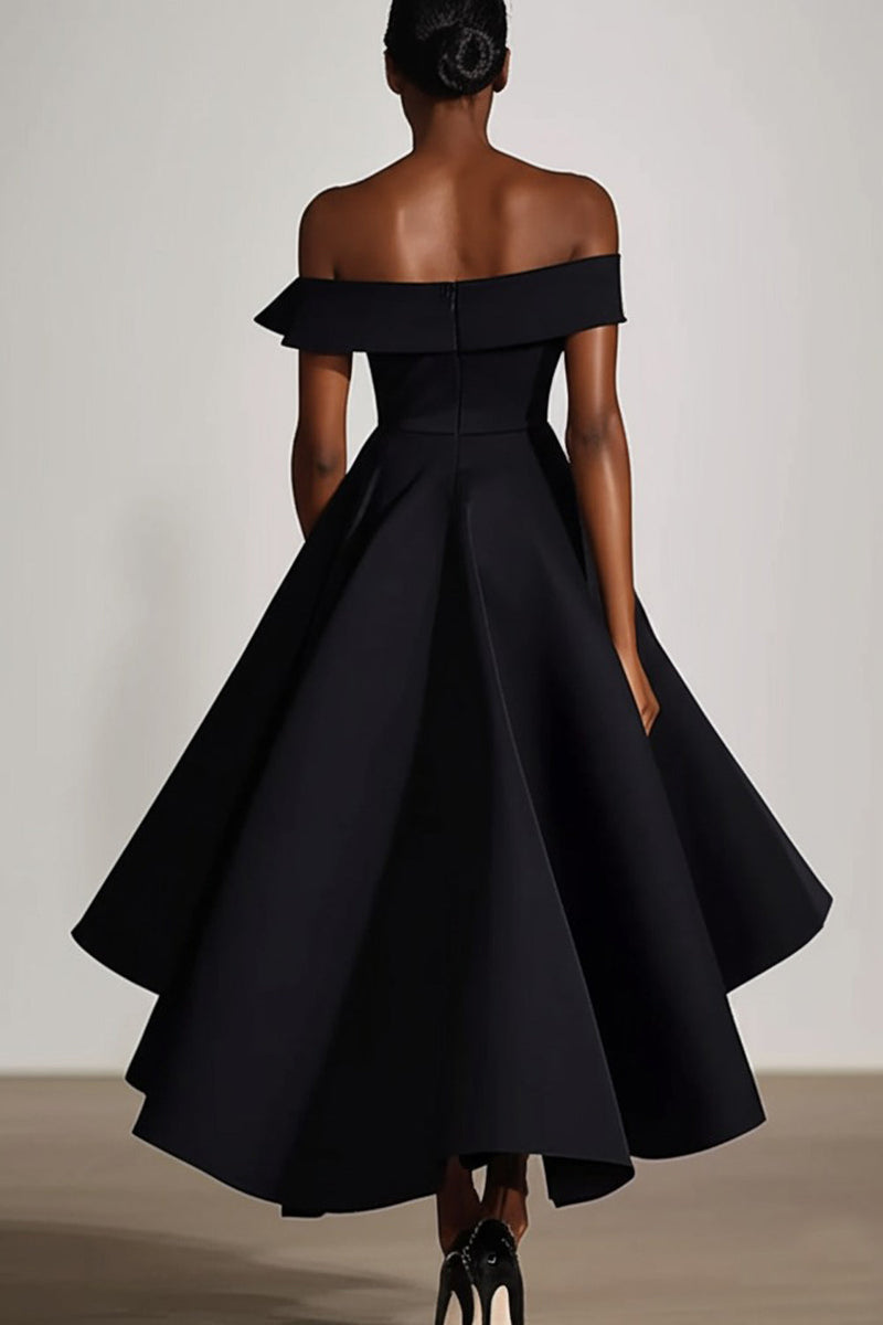 Load image into Gallery viewer, Off The Shoulder A Line Black Satin Formal Dress