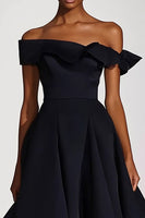 Load image into Gallery viewer, Off The Shoulder A Line Black Satin Formal Dress