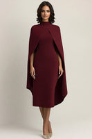 Load image into Gallery viewer, Burgundy Sheath Midi Cape Formal Dress