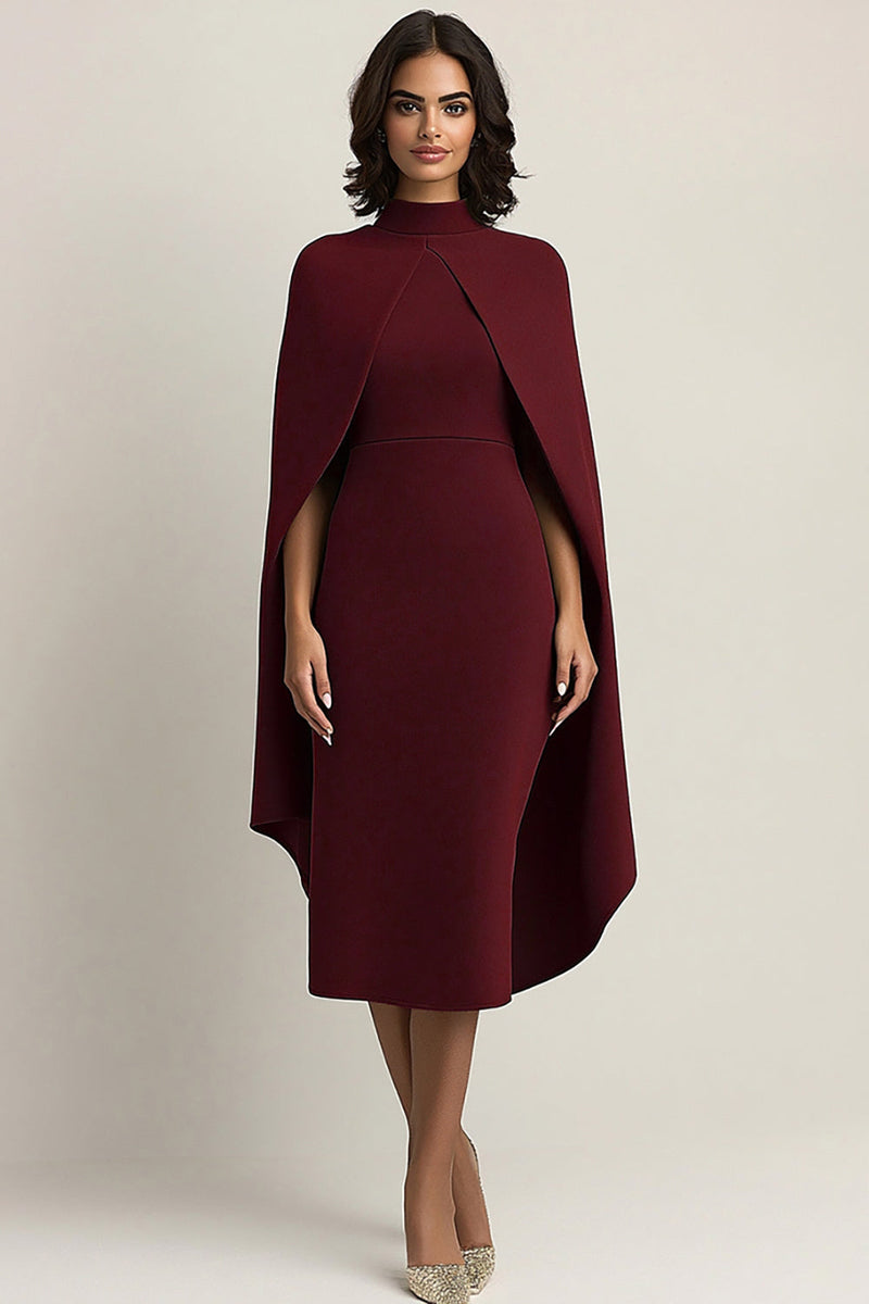 Load image into Gallery viewer, Burgundy Sheath Midi Cape Formal Dress
