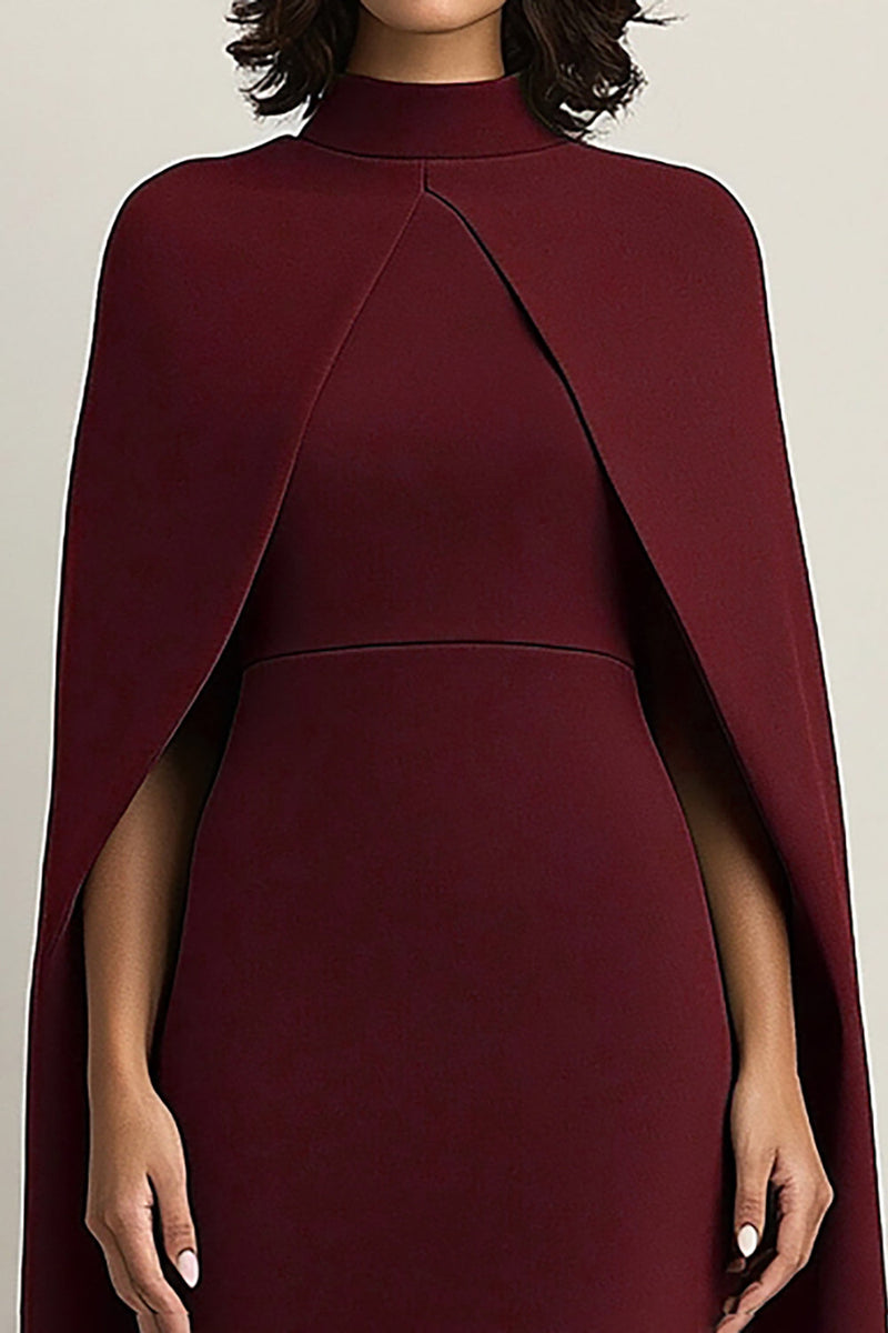 Load image into Gallery viewer, Burgundy Sheath Midi Cape Formal Dress