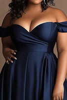 Load image into Gallery viewer, Plus Size Navy Off The Shoulder Satin Long Formal Dress with Slit
