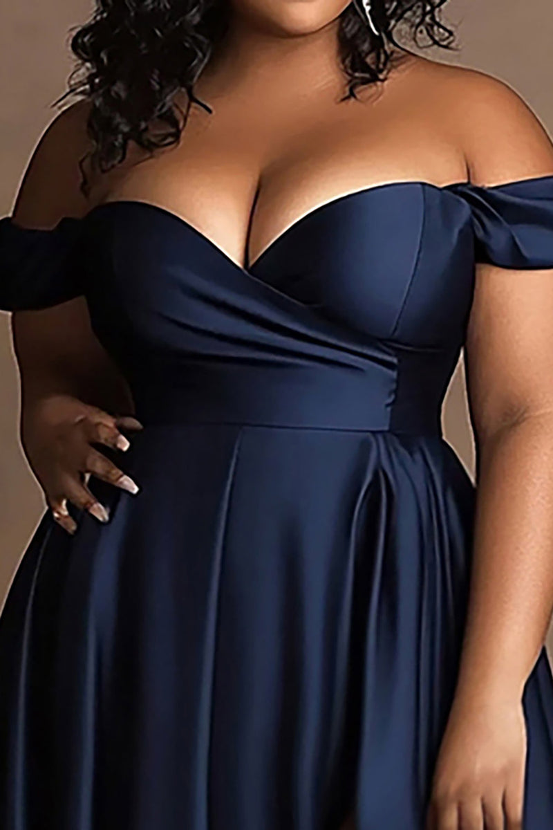 Load image into Gallery viewer, Plus Size Navy Off The Shoulder Satin Long Formal Dress with Slit