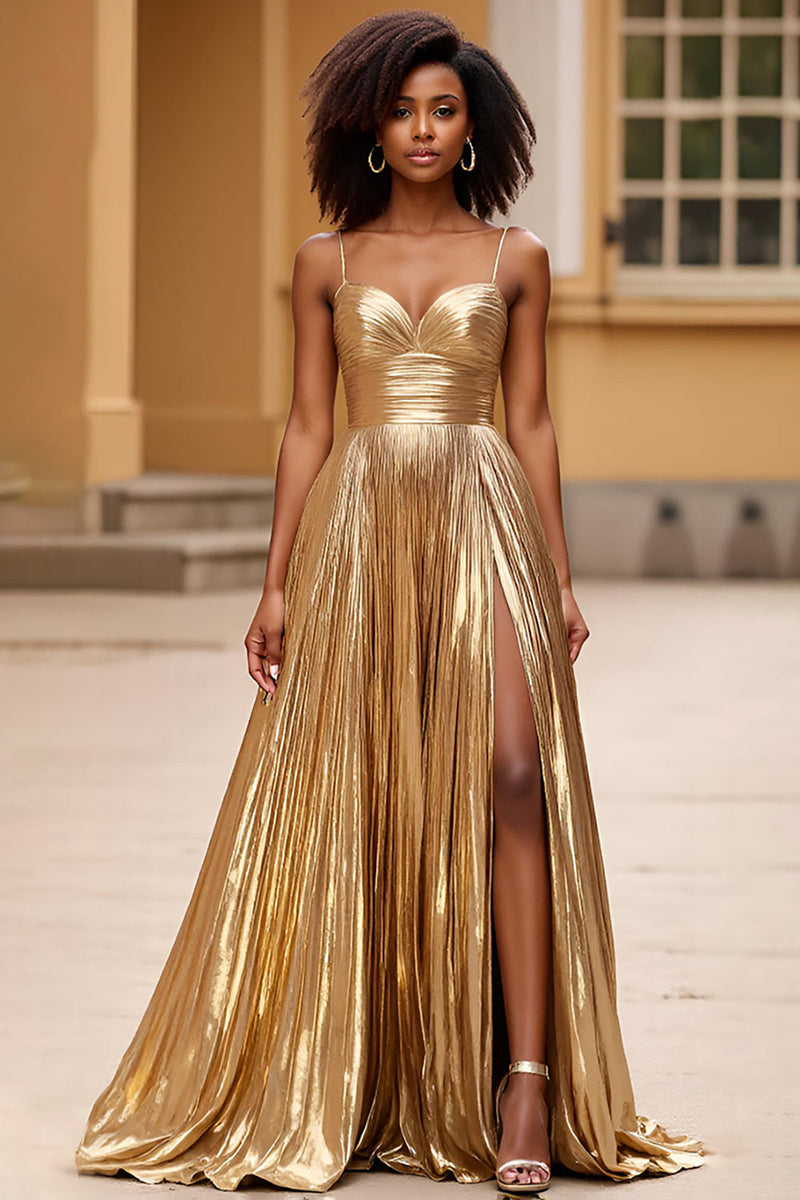 Load image into Gallery viewer, Gold Spaghetti Straps Glitter Long Prom Dress with Slit