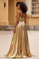 Load image into Gallery viewer, Gold Spaghetti Straps Glitter Long Prom Dress with Slit