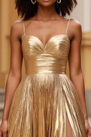 Load image into Gallery viewer, Gold Spaghetti Straps Glitter Long Prom Dress with Slit