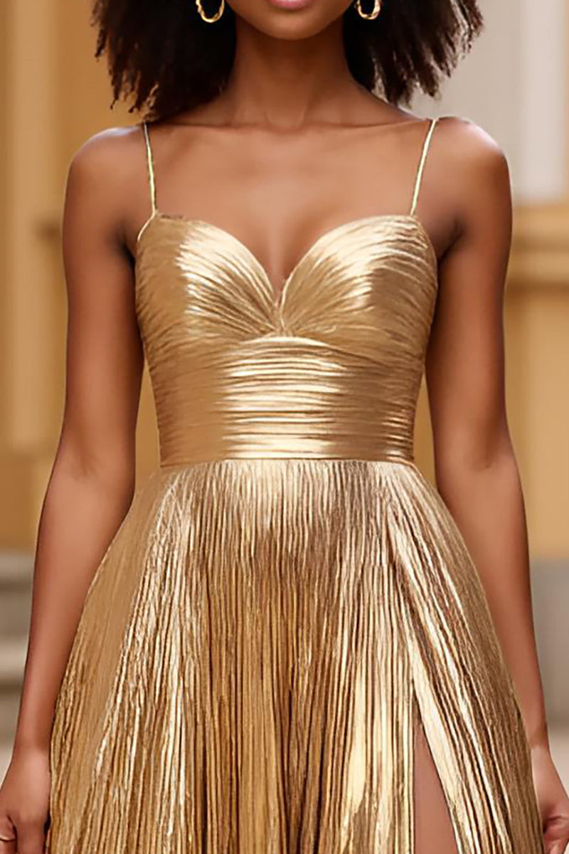 Load image into Gallery viewer, Gold Spaghetti Straps Glitter Long Prom Dress with Slit