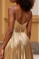 Load image into Gallery viewer, Gold Spaghetti Straps Glitter Long Prom Dress with Slit