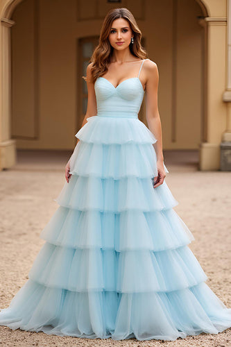 Sky Blue Spaghetti Straps Tiered Tulle Long Prom Dress