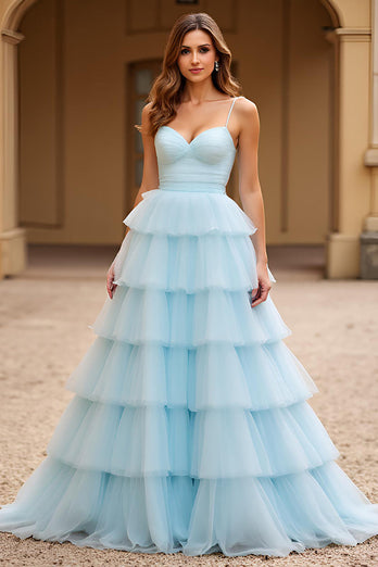 Sky Blue Spaghetti Straps Tiered Tulle Long Prom Dress