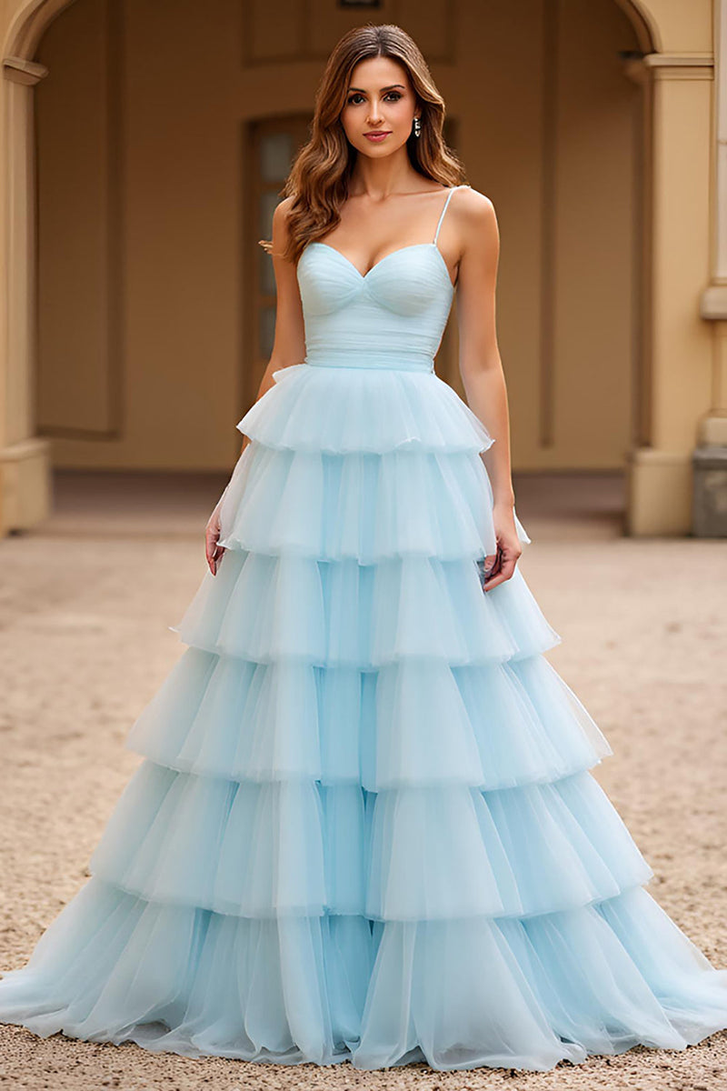 Load image into Gallery viewer, Sky Blue Spaghetti Straps Tiered Tulle Long Prom Dress