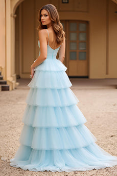 Sky Blue Spaghetti Straps Tiered Tulle Long Prom Dress