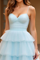 Load image into Gallery viewer, Sky Blue Spaghetti Straps Tiered Tulle Long Prom Dress