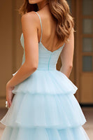 Load image into Gallery viewer, Sky Blue Spaghetti Straps Tiered Tulle Long Prom Dress