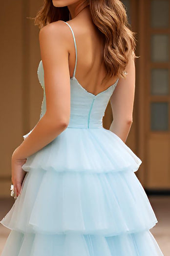Sky Blue Spaghetti Straps Tiered Tulle Long Prom Dress