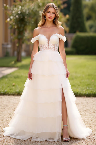 Off the Shoulder White Tiered Long Prom Dress with Slit