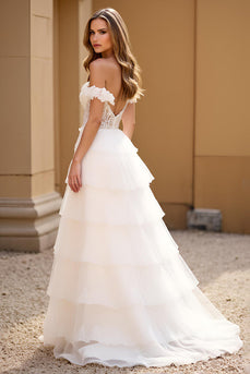 Off the Shoulder White Tiered Long Prom Dress with Slit
