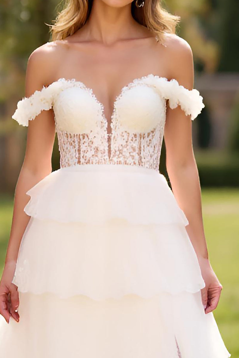 Load image into Gallery viewer, Off the Shoulder White Tiered Long Prom Dress with Slit