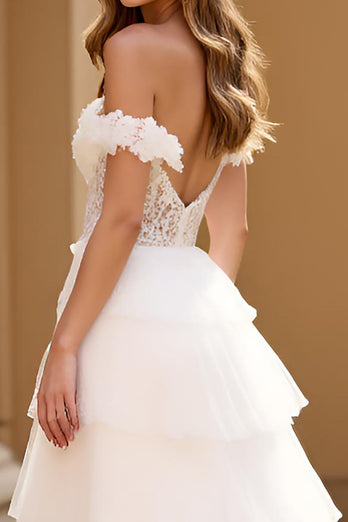 Off the Shoulder White Tiered Long Prom Dress with Slit