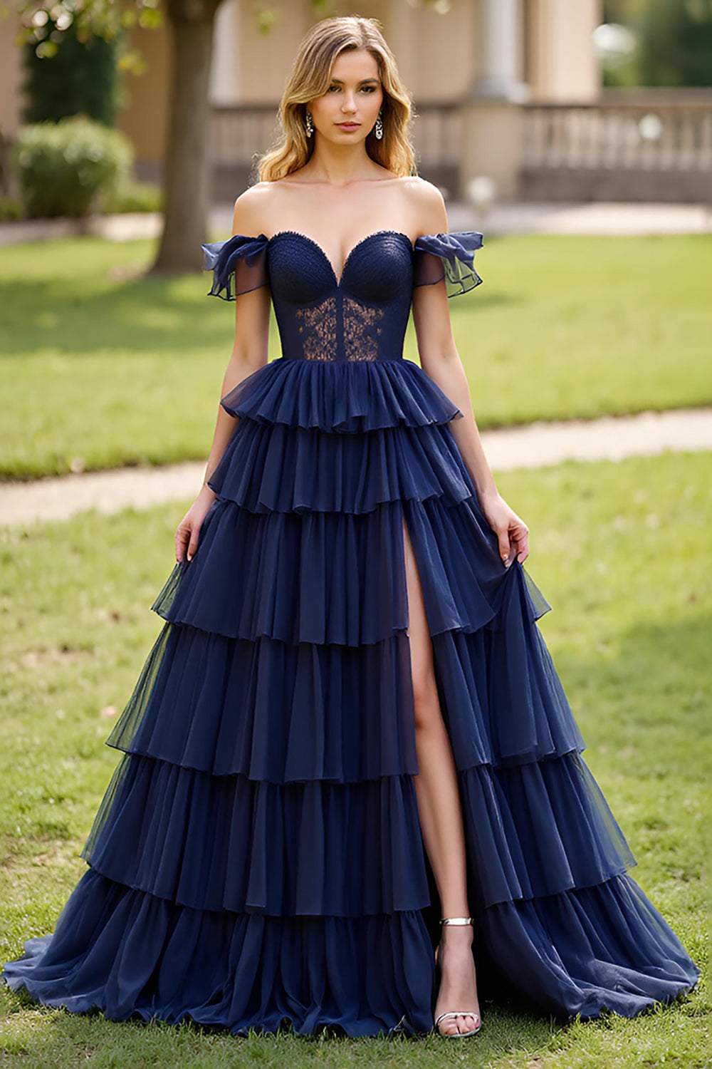 Off the Shoulder Navy A Line Tiered Long Prom Dress with Slit