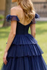 Load image into Gallery viewer, Off the Shoulder Navy A Line Tiered Long Prom Dress with Slit