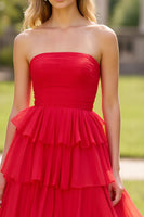 Load image into Gallery viewer, Strapless Tiered Red Tulle A Line Prom Dress with Slit